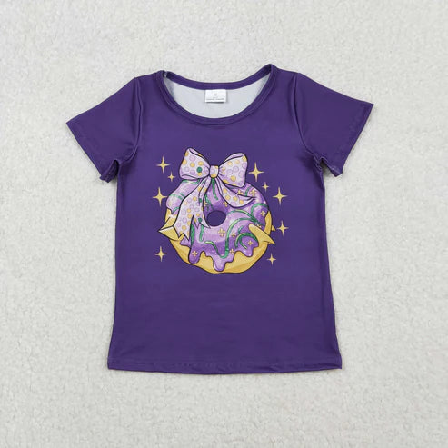 10.14 GT1252 Baby Girls Purple Short Sleeve Donuts Bows Mardigras Tee Shirts Top