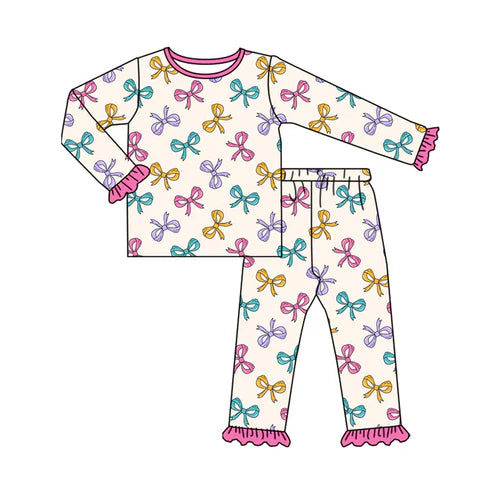 8.8 Custom Moq 5 Baby Girls Colorful Bows Plaid Top Ruffle Pant Pajamas Set