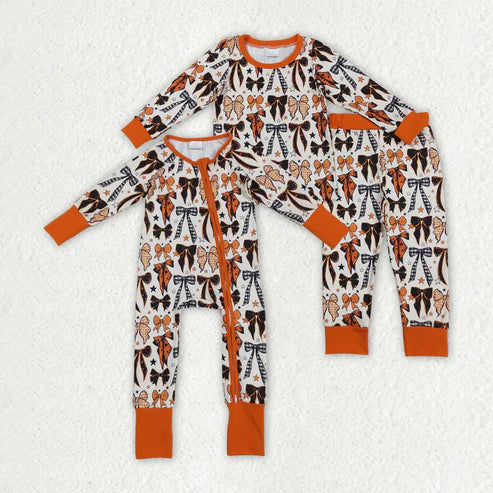 8.16 Sibling Baby Kids Orange Black Bows Stars Halloween Pajams Sets Zipper Footie Rompers