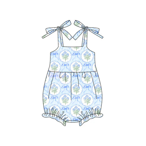 6.14 SR3117 Baby Girls Blue Strap Bows Flowers Plaid Ruffle Rompers Preorder
