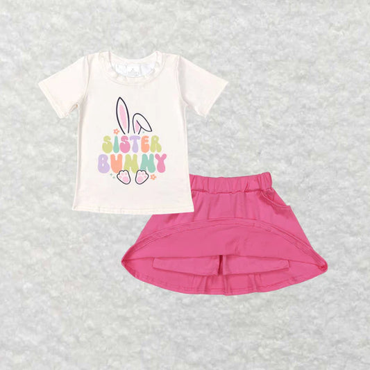 3.26 GT0394+GLK0066 Baby Girls Sister Bunny Easter Tops Pink Pocket Skort Skirt Clothes Set