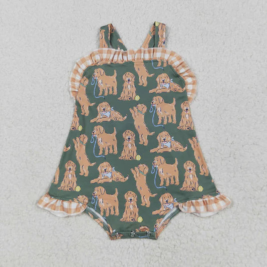 5.3  SR2986 Baby Infant Girls Green Strap Dogs Ruffle Romper