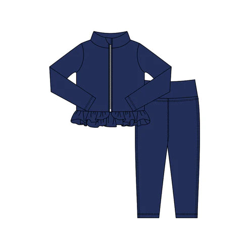 10.24 GLP3007 Baby Girls Navy Zipper Jackets Ruffle Top Leggings Yoga Clothes Sets Preorder
