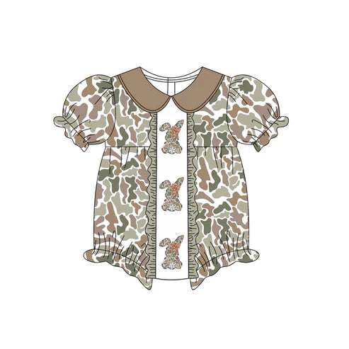 10.2 SR3259 Baby Boys Olive Camo Rabbit Easter Ruffle Rompers Preorder