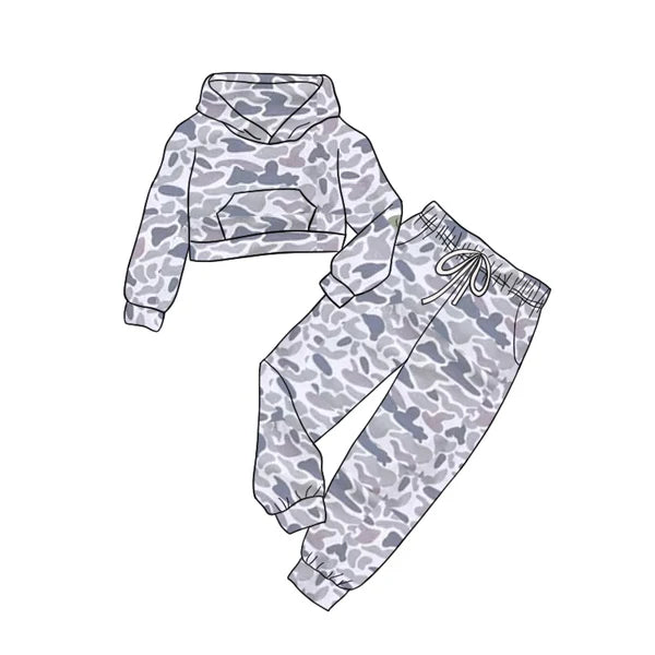 5.28 GLP1977 Baby Kids Grey Camo Hooded Top Pants Clothes Sets Preorder