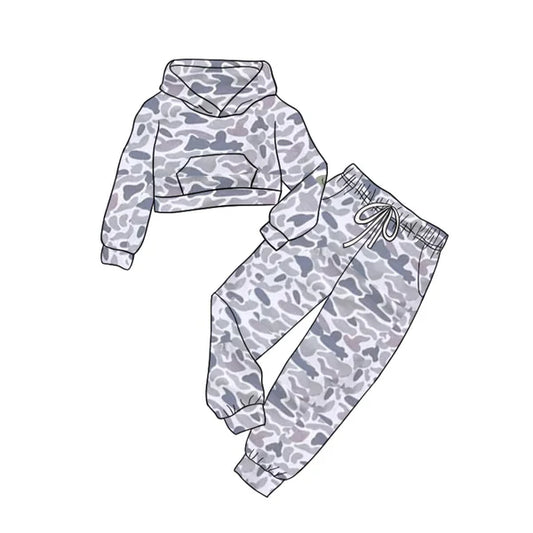 5.28 GLP1977 Baby Kids Grey Camo Hooded Top Pants Clothes Sets Preorder