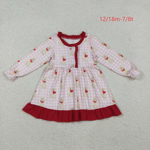 10.22 GLD1322 Baby Girls Pink Checked Dogs Hearts Button Ruffle Valentine Knee Length Dress