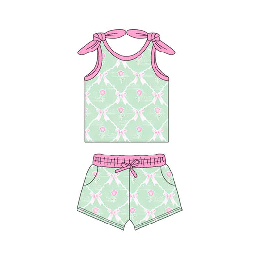 L-3.4 GSSO2099 Baby Girls Green Flowers Bows Shirts Top Shorts Clothes Sets preorder