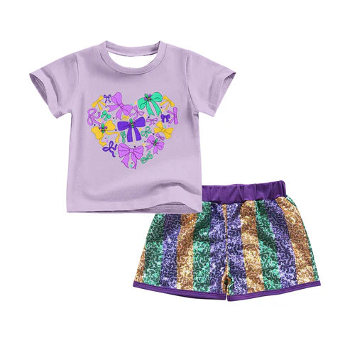 9.30 GSSO2715 Baby Girls Lavender Bows Anchors Top Sequin Shorts Mardigras Clothes Sets Preorder