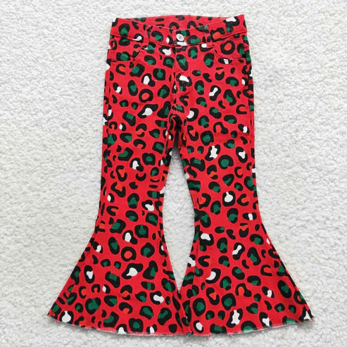 L-3.7 P0229 Red and green leopard print denim pants