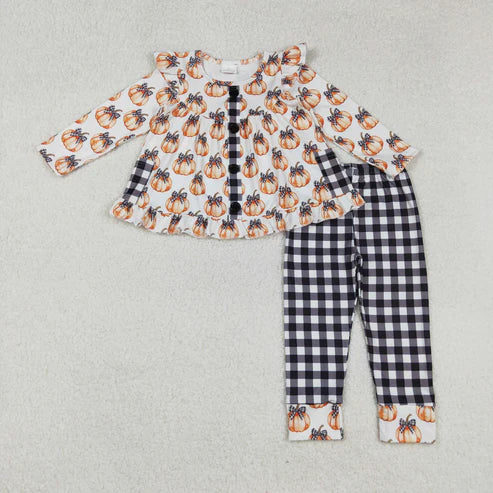 9.10 GLP2692 Baby Girls Button Pockets Pumpkins Tunic Black Plaid Pant Fall Set