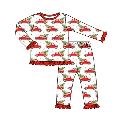 6.27 GLP2529 Baby Girls Long Ruffle Sleeves Car Trees Plaid Top Pant Pajamas Set Preorder