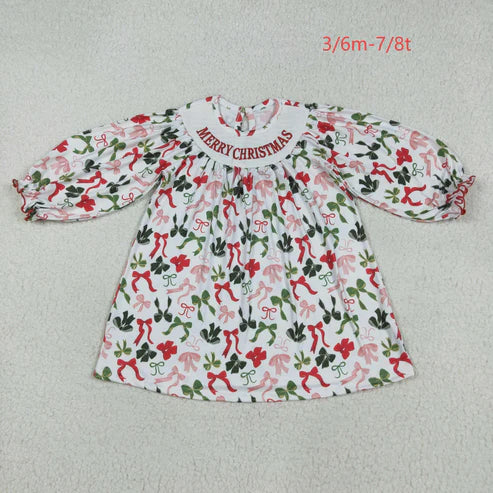 8.12 GLD1094 Baby Girls Long Sleeves Smocked Merry Christmas Colorful Bows Knee Length Dress