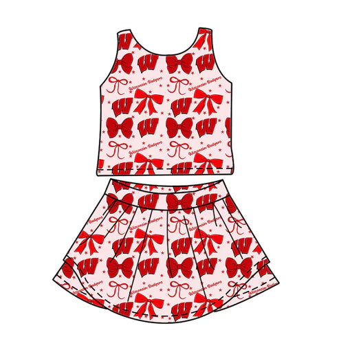 7.2 Custom Moq 3 Baby Girls Sleeveless Wisconsin Bows Vest Top Short Skirts Set