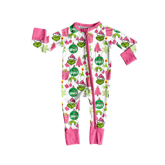 8.26 LR2588 Baby Girls Green Face Gifts Christmas Zipper Footie Rompers Preorder