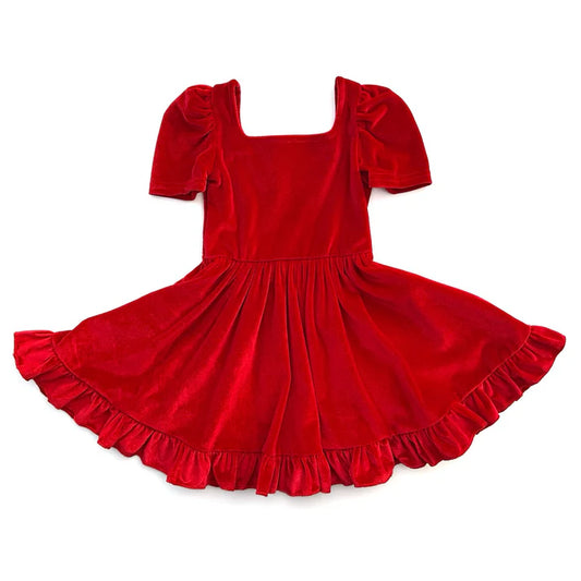 6.12  GSD2614 Baby Girls Short Sleeves Red Velvet Ruffle Knee Length Dresses Preorder