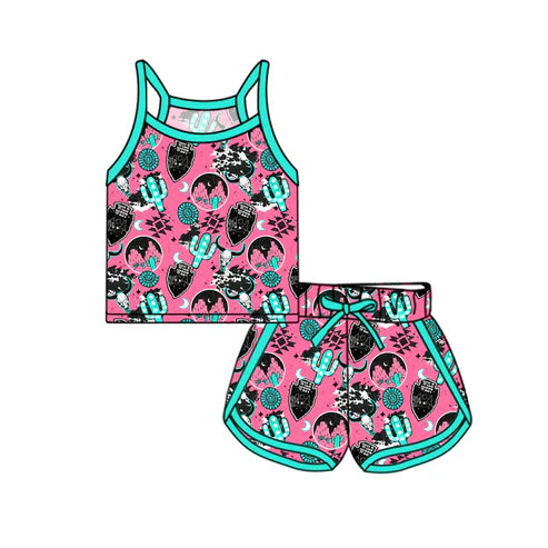 GSSO2340 Baby Girls Strap Pink Cactus Cow Print Camo Top Short Sport Set Preorder