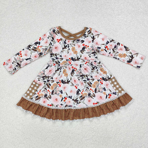 GLD0530 Baby Girls Fall Pumpkin Ruffle Checkered Knee Length Dress