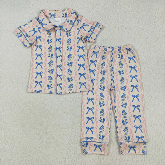 8.2 GSPO2050 Baby Girls Short Sleeves Blue Bows Flower Stripe Top Pants Pajamas Set