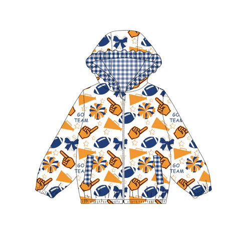 10.14Custom Moq 8 Baby Girls Orange Blue Football Team Zipper Bows Hoodies Tops