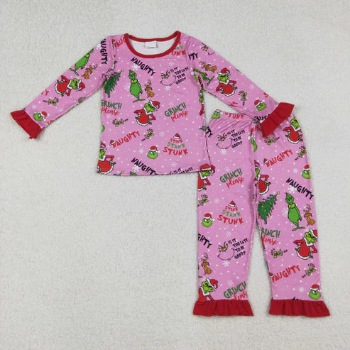 10.7 GLP2710 Baby Girls Christmas Trees Green Face Top Ruffle Pant Pajamas Set