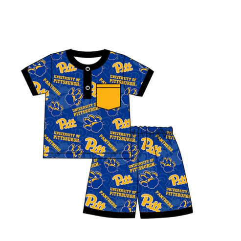 6.23 Custom Moq 3 Baby Boys Short Sleeves Blue Panthers Button Pocket Top Shorts Team Pajamas Set