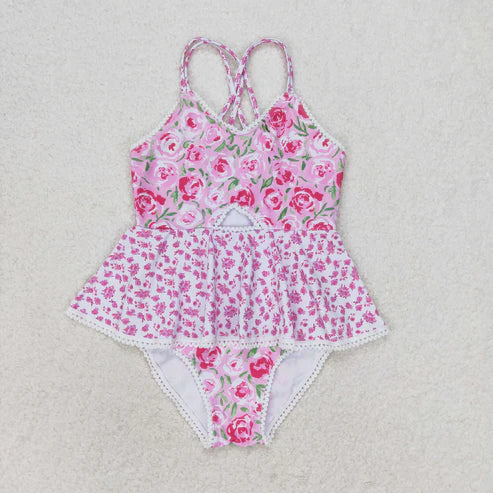 S0247 Floral floral lace pink-and-white suspenders one-piece swimsuit