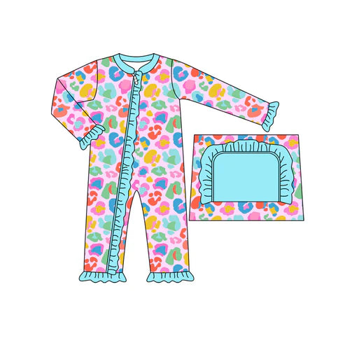 7.30 LR2431 Baby Girls Long Sleeves Colorful Leopard Ruffle Zipper Rompers Preorder