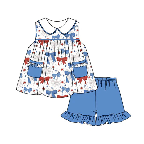 GSSO2312 Baby Girls 4th Of July Blue Red Bows Sleeveless Tunic Shorts Clothes Sets preorder