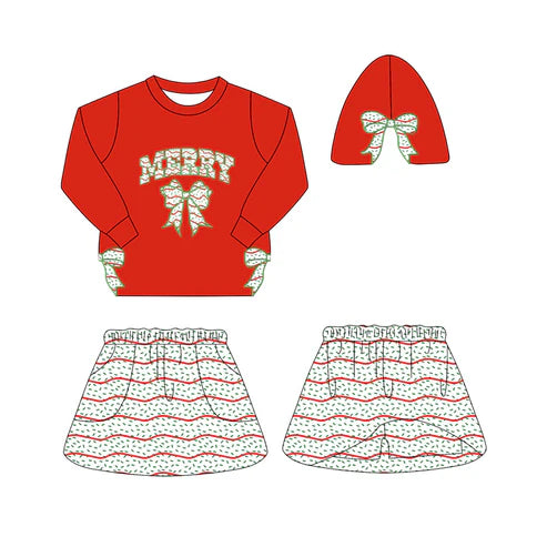 6.27 GLD1175 Baby Girls Red Long Sleeves Bows Merry Top Stripes Skorts Set Preorder