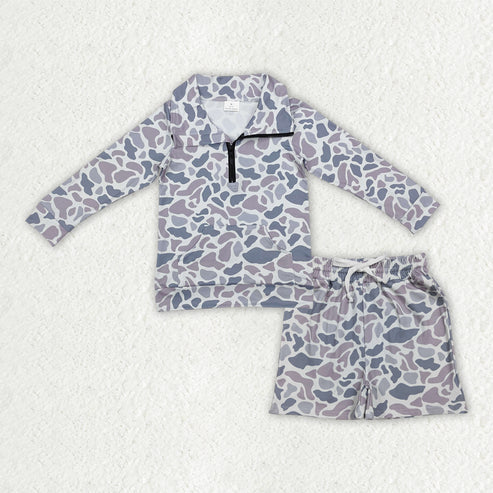 12.19 BT1041+SS0730 Baby Boys Southern Light Grey Camo Zipper Pockets Top Shorts Hunting Clothes Set