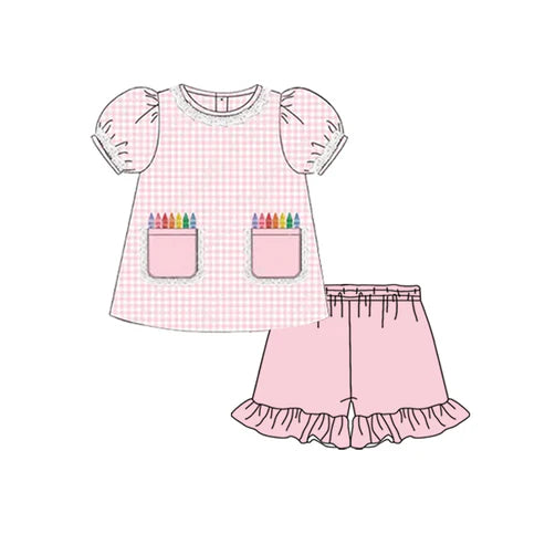 3.22 GSSO2388 Baby Girls Pink Plaid Pencils Pockets Tunic Ruffle Short Set Preorder