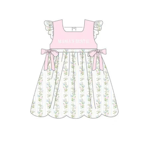 10.30 GSD2973 Baby Girls Mama's Bestie Flowers Stripe Bows Knee length Dresses Preorder