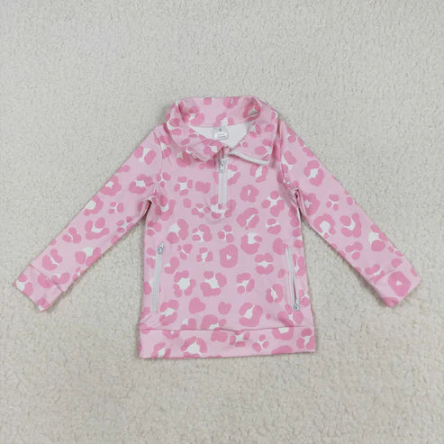 8.13 GT1070 Baby Girls Long Sleeves Pink Leopard Pockets Zipper Yoga Jackets