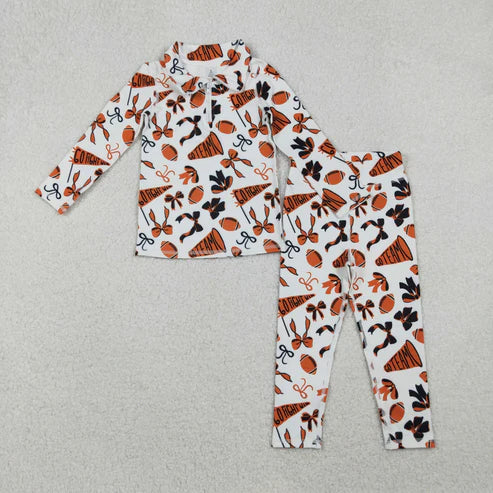 10.25 GLP2760 Baby Girls Orange Bows Footballs Go Teams Pullovers Leggings Yoga Clothes Set