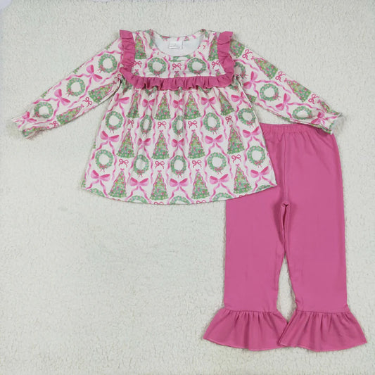 8.15 GLP2339 Baby Girls Long Sleeves Trees Bows Tunic Ruffle Pant Set