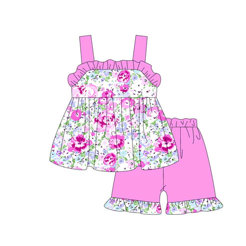 3.17 GSSO2326 Baby Girls Pink Strap Floral Tunic Ruffle Short Clothes Set Preorder