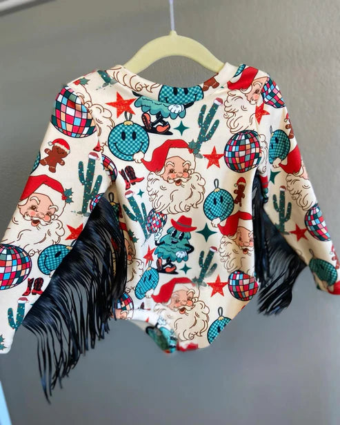 6.5 LR2045 Baby Infant Girls Christmas Western Santa Tassels Long Sleeve Rompers preorder