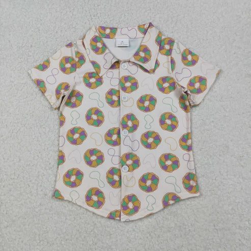 10.14 BT1372 Baby Boys Short Sleeve Donuts Button Mardigras Tee Shirts Top