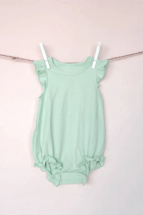 4.1 SR2996 Baby Infant Girls Green Flutter Sleeves Ruffle Rompers Preorder