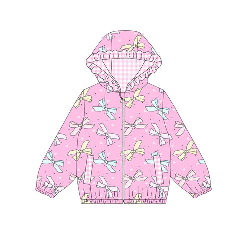 10.10 Custom Moq 5 Baby Girls Pink Hearts Bows Pocket Zipper Valentine Ruffle Hoodies Jackets Top