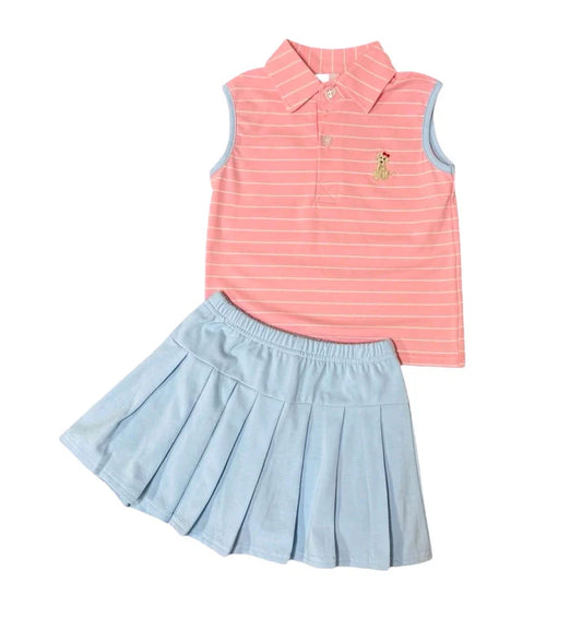 6.18 GSD2536 Baby Girls Peach Stripe Sleeveless Button Dog Top Ruffle Skirts Set Preorder