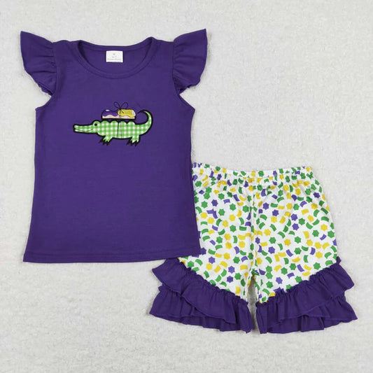 GSSO0444 Embroidery Carnival Crocodile Purple lace flying sleeve shorts set