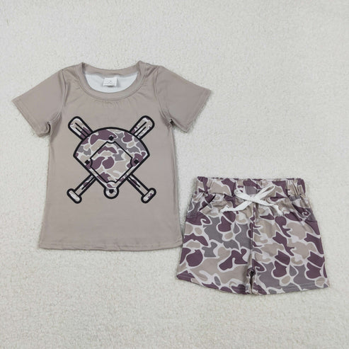 11.17 BT1417+SS0733 Baby Boys Lavender Camo Baseball Top Shorts Team Clothes Set