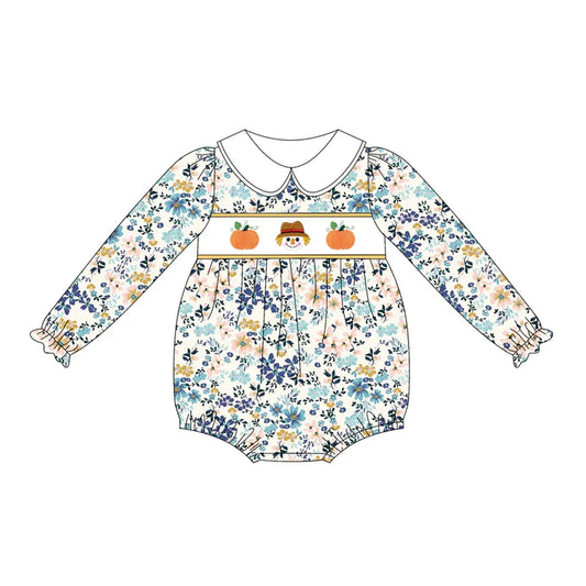 6.14  LR2246 Baby Girls Long Ruffle Sleeves Pumpkins Floral Rompers Preorder