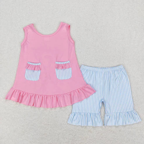 6.17 GSSO0438 Blue and white striped lace pocket bow sleeveless top