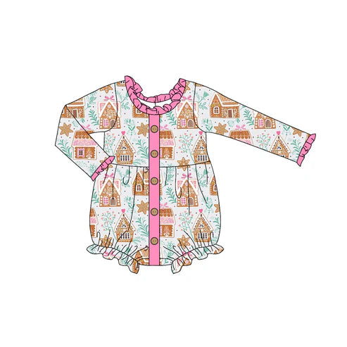6.6  LR2282 Baby Girls Long Sleeves Pink Houses Snowflake Button Ruffle Rompers Preorder