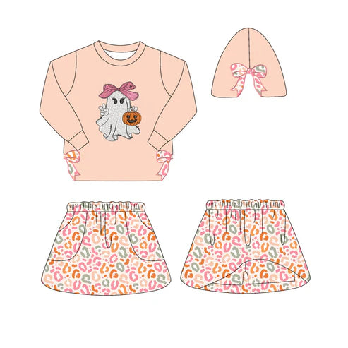 6.27 GLD1174 Baby Girls Peach Long Sleeves Bows Ghost Pumpkins Top Leopard Skorts Set Preorder