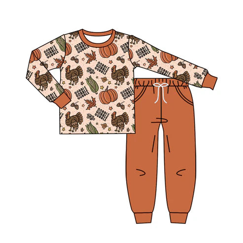 7.29 BLP1181 Baby Boys Long Sleeves Turkey Pumpkins Plaid Top Pockets Pant Set Preorder