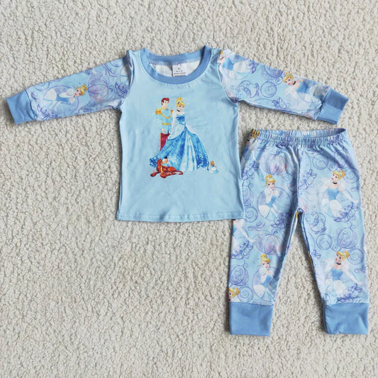 6 A1-2 Cartoon Princess Blue long sleeve pants pajamas set